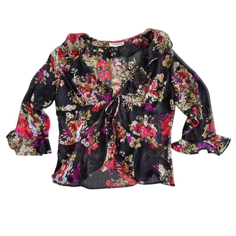 Vintage 90's, y2k sheer floral ruffle top with two front ties / Whimsigoth boho